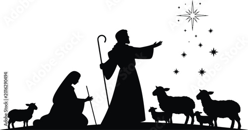 Foto Nativity scene silhouette with shepherd and sheep under star