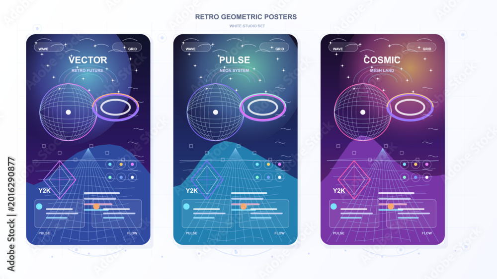 Fototapeta premium Set of three retro geometric Y2K posters with wireframe spheres, neon rings, perspective grids and abstract landscapes on light studio background