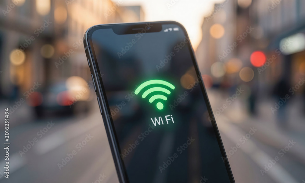 Smartphone with Wi-Fi symbol on screen in urban setting