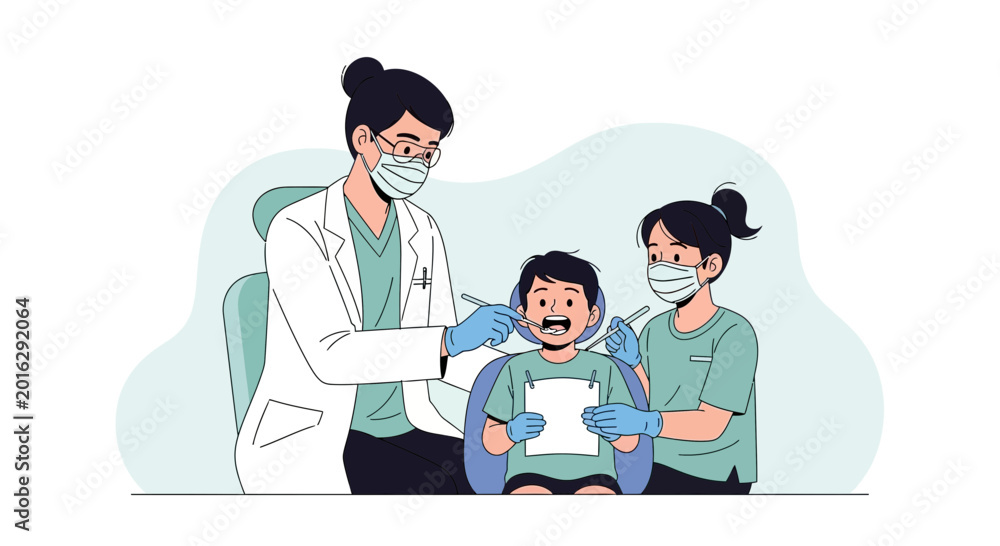Fototapeta premium Dentist examining child's teeth with assistant, dental care concept illustration