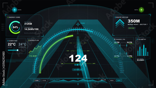 Photos Futuristic electric vehicle dashboard HUD with speedometer, route guidance, tele