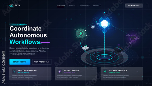 Bild auf Leinwand Futuristic autonomous workflow dashboard with glowing agent nodes, secure routin