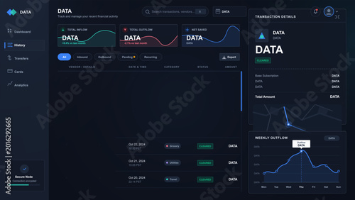 Fotografía Dark financial activity dashboard interface with transaction history table, infl