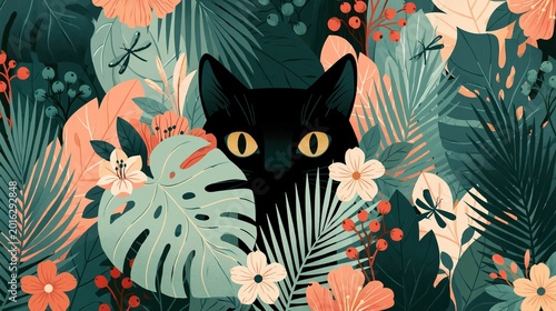 A Mysterious Black Cat Peeking Through Tropical Jungle Leaves and Vibrant Botanical Flora Art