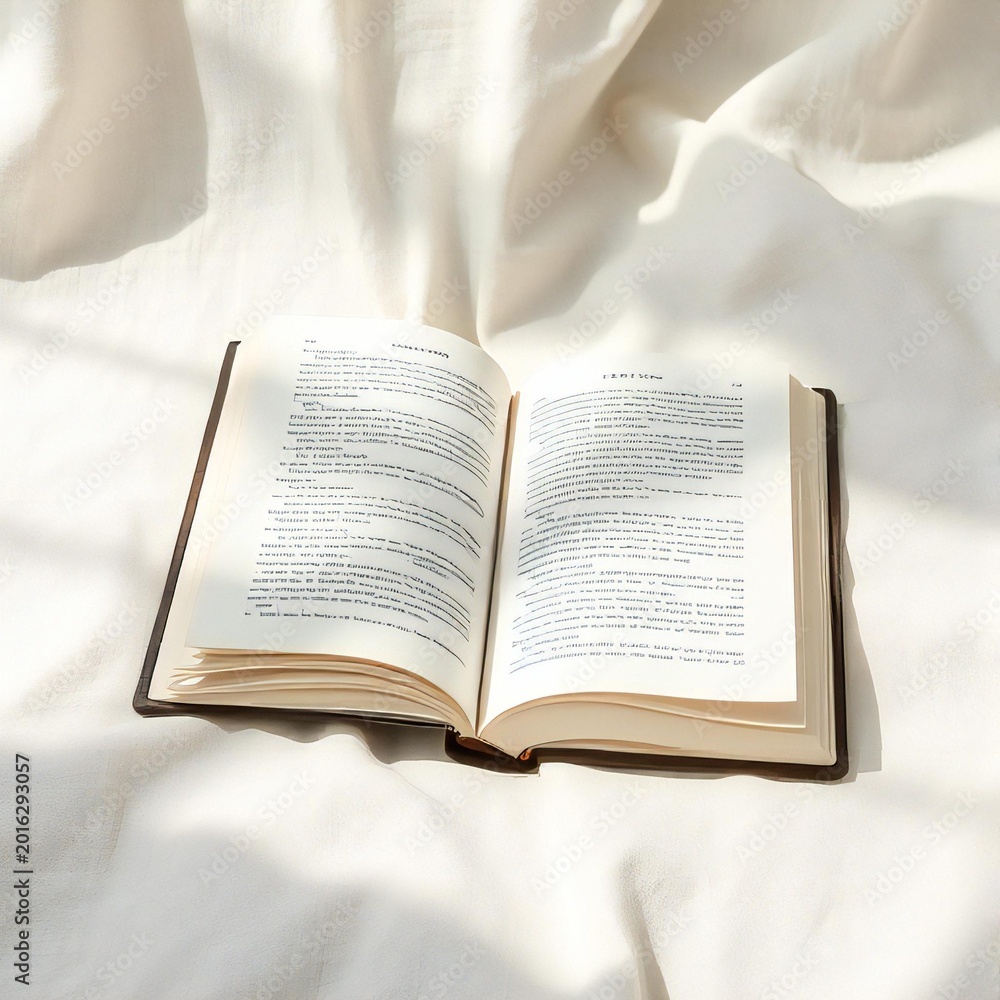 Fototapeta premium Open book on linen fabric in soft natural light minimal aesthetic