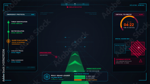 Konstfotografi Futuristic emergency response HUD with evacuation protocol checklist, glowing ro