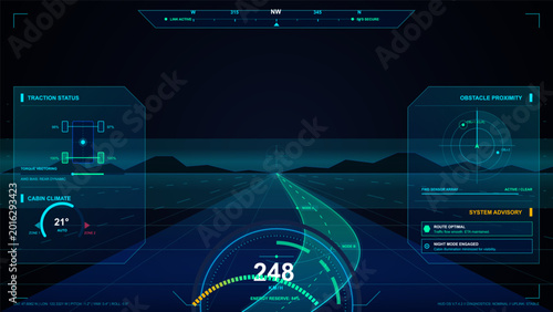 Canvastavla Futuristic car HUD dashboard with neon road guidance, speedometer, obstacle rada