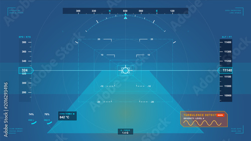 Schilderij op canvas Futuristic aircraft cockpit HUD with blue flight navigation display, speed and a