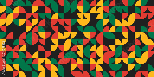 red yellow green abstract geometric shapes on black background, black history month template, juneteenth social network post