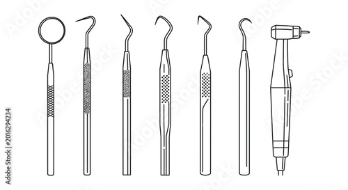 Photos Set of various dental instruments and tools displayed in a clean linear outline illustration, ready for any medical or healthcare design