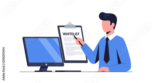 Business Professional Holding Whitelist Clipboard Near Computer, Cybersecurity and Access Control Concept Vector Illustration