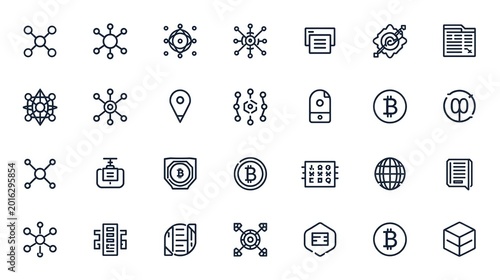 collection of linear icons representing technology finance and network connections on a white background high quality professional detailed