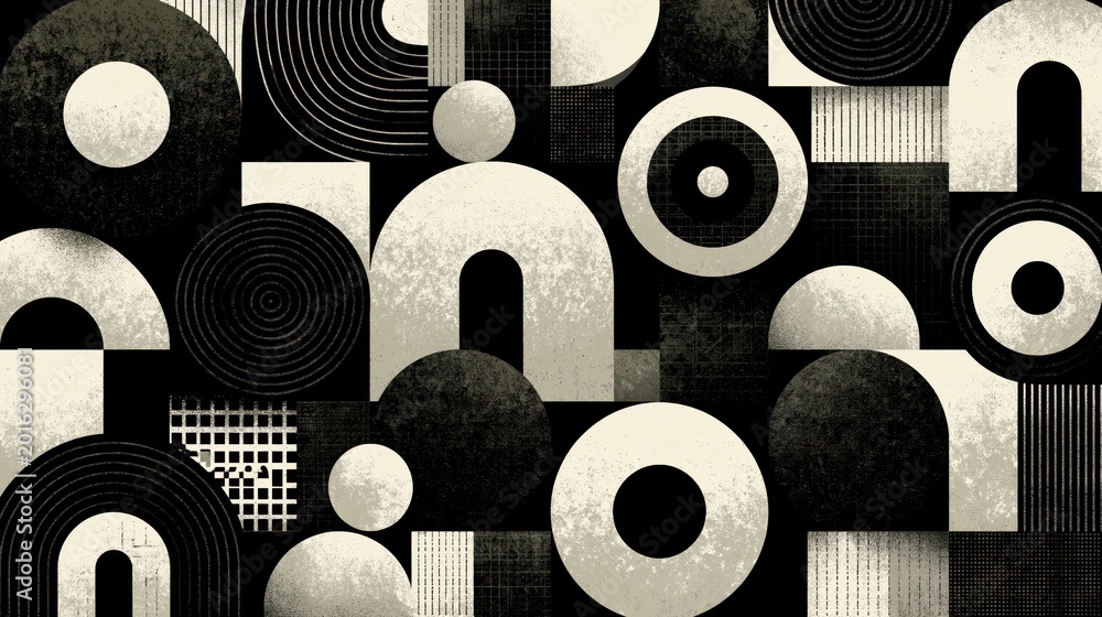 Obraz premium Abstract Geometric Pattern Featuring Monochromatic Bauhaus Style Shapes and Texture Overlays