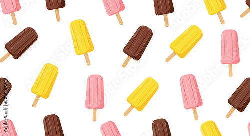 Colorful summer frozen ice cream popsicle seamless pattern with chocolate pink and yellow flavors on white background for kids textile design or wall paper.