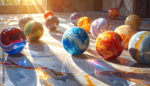 Vibrant Marbled Glass Spheres Digital Render With Colorful Swirls And Bright Sunlight Reflections On A Polished Surface
