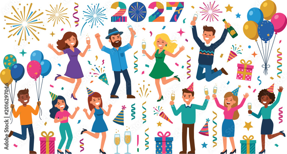 Fototapeta premium 2027 New Year Party Vector with People Dancing, Fireworks, Balloons, Champagne, and Festive Decorations