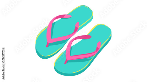 Creative summer flip flops vector icon and beach vacation illustration, colorful tropical footwear design for holiday travel and leisure activities isolated on a clean white background.