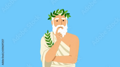 A 2D animation of an ancient Greek philosopher with a white beard and laurel wreath, looking thoughtful. Excellent for educational content, historical documentaries, and literature presentations.