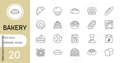 linear bakery icon set witch fresh bread and pastries.