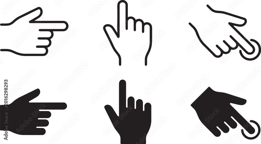 Obraz premium Human hand cursor icons collection showing various pointing gestures and touch screen interactions in outline and solid styles on transparent background.