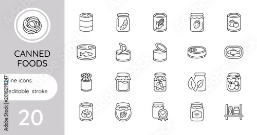 A set of linear icons for canned food . Vector, isolated, Editables stroke