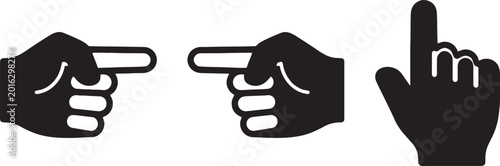 Three black silhouette hand icons pointing fingers left and right and upwards for navigational directions and instructional signs on checkered background.