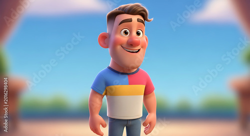 A cheerful cartoon man smiling outdoors.
