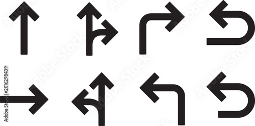Collection of black arrows on transparent background showing direction including up straight right and left turn and return arrows vector illustration.
