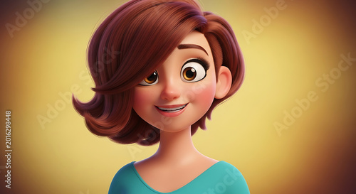 animated woman with brown hair smiling.