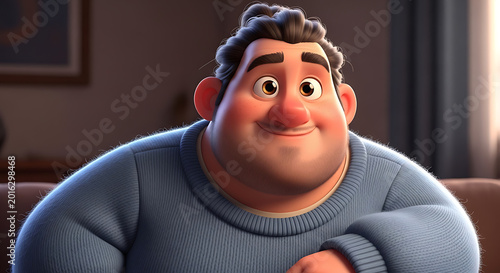 Smiling cartoon character in blue sweater.