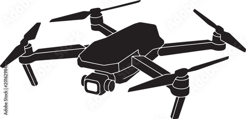 Modern drone vector illustration, flying camera drone silhouette, isolated black unmanned aerial vehicle with propellers and camera on transparent background.