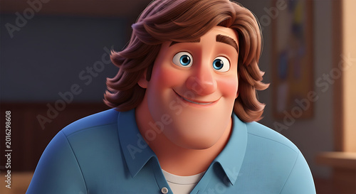 A cheerful cartoon man smiling indoors.