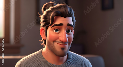 animated man smiling in a room.