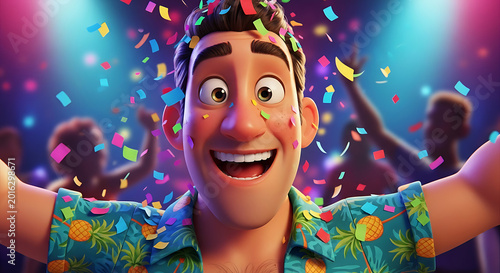 A joyful cartoon man celebrating with confetti.