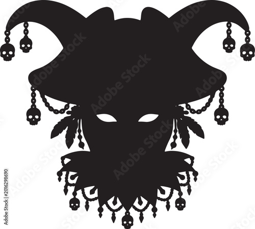 Silhouette of a jester or clown head with skull ornaments hanging from a jester hat and collar on a transparent background for Halloween or themed events.