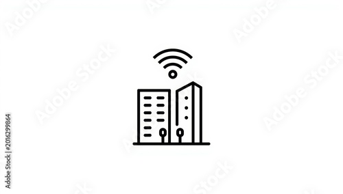 city buildings with wifi signal icon black line art on a white background high quality professional detailed