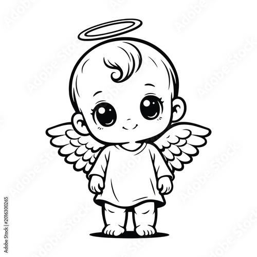 Bild auf Leinwand Full body baby angel line art with wings and halo, clean vector illustration ideal for nursery decor, religious designs and coloring pages