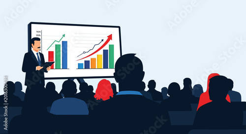 business presentation a professional speaker shares financial growth charts with a corporate audience illustrating market analysis and success.