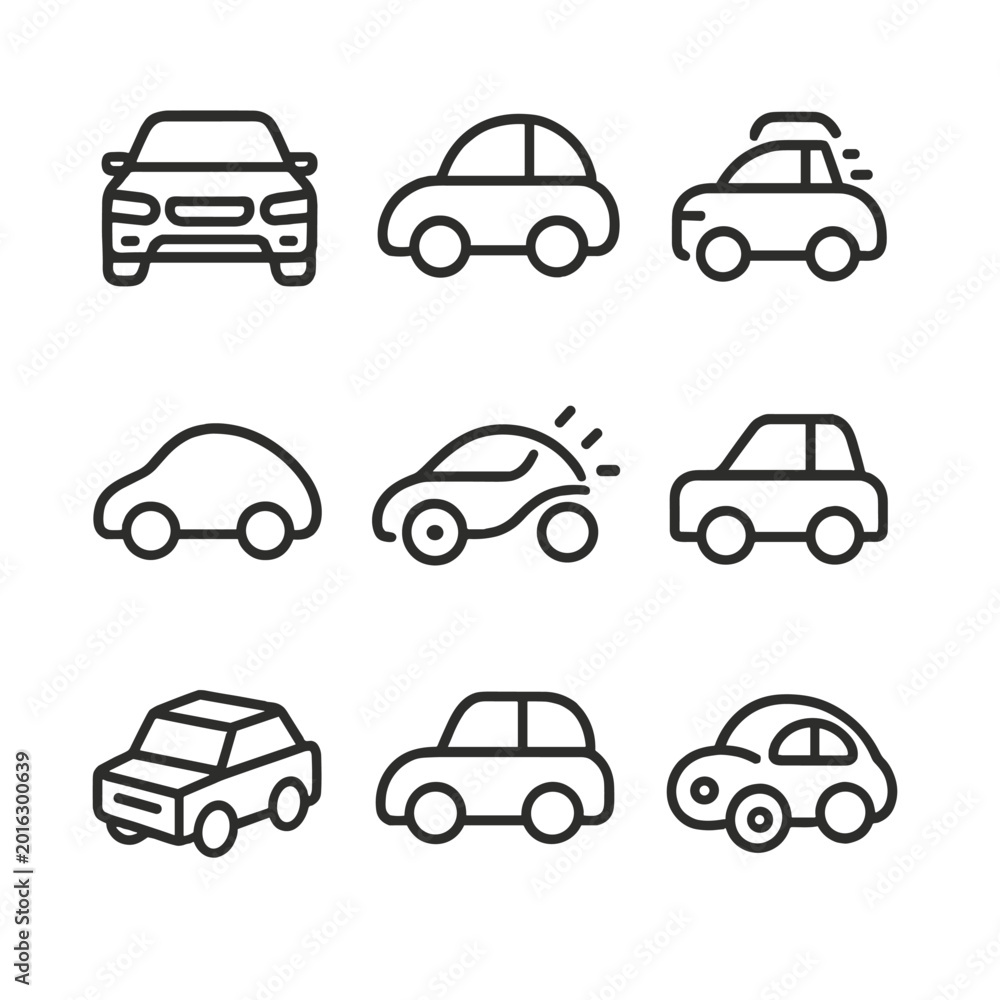 Obraz premium Black and white car icons on gradient background with various styles