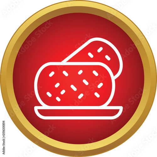 Bild auf Leinwand Two breaded fried croquettes on a plate inside a red and gold circular icon