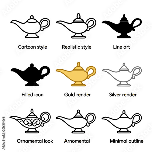 Nine icon styles of aladdin lamp: cartoon, realistic, gold, silver, ornamental