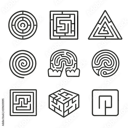 Geometric maze set with various shapes - circle, square, triangle, spiral designs