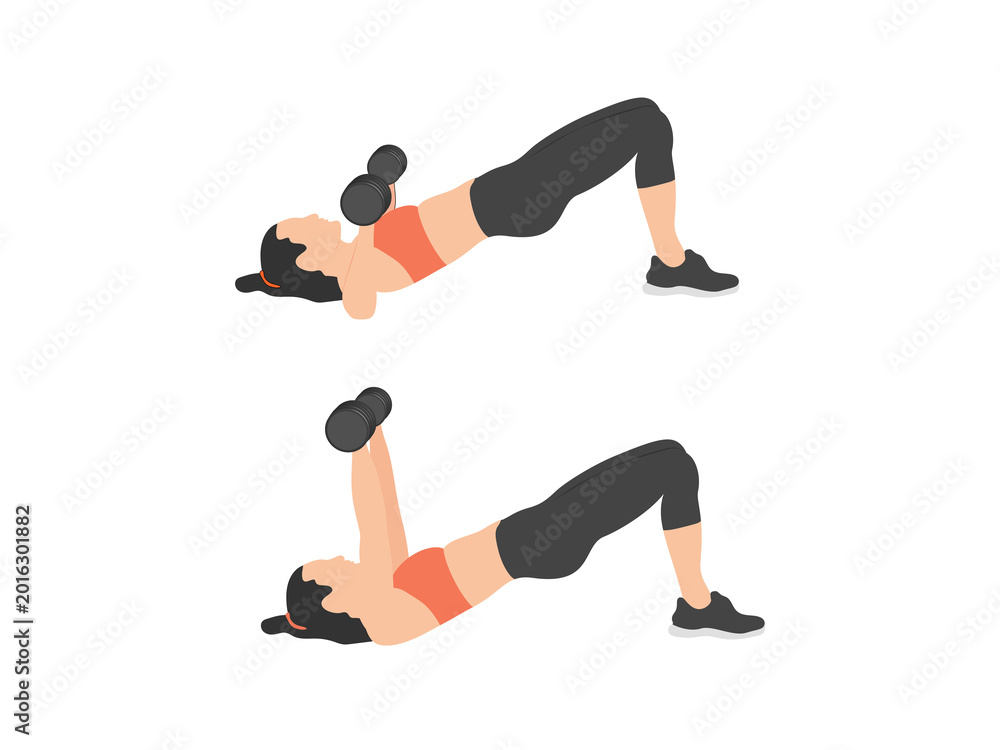 Fototapeta premium Woman performing Glute Bridge with Dumbbell Chest Press. Vector illustration of a compound exercise for glutes, core, and chest strength