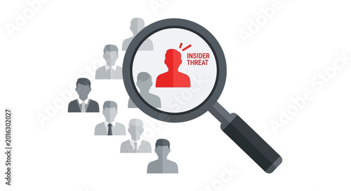 Insider Threat Concept Illustration: Magnifying Glass Identifying High Risk Employee Silhouette for Corporate Security, Data Protection, and Risk Management