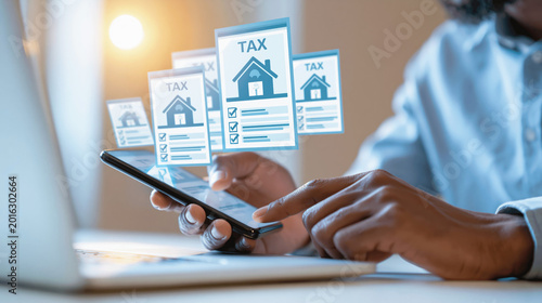 A person uses a smartphone for digital property tax documents with virtual forms floating above the screen. Selective focus.