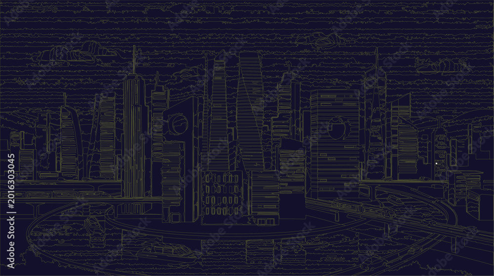 Αυτοκόλλητο Skyscraper silhouette defines the sprawling urban landscape of a modern metropolitan business district
