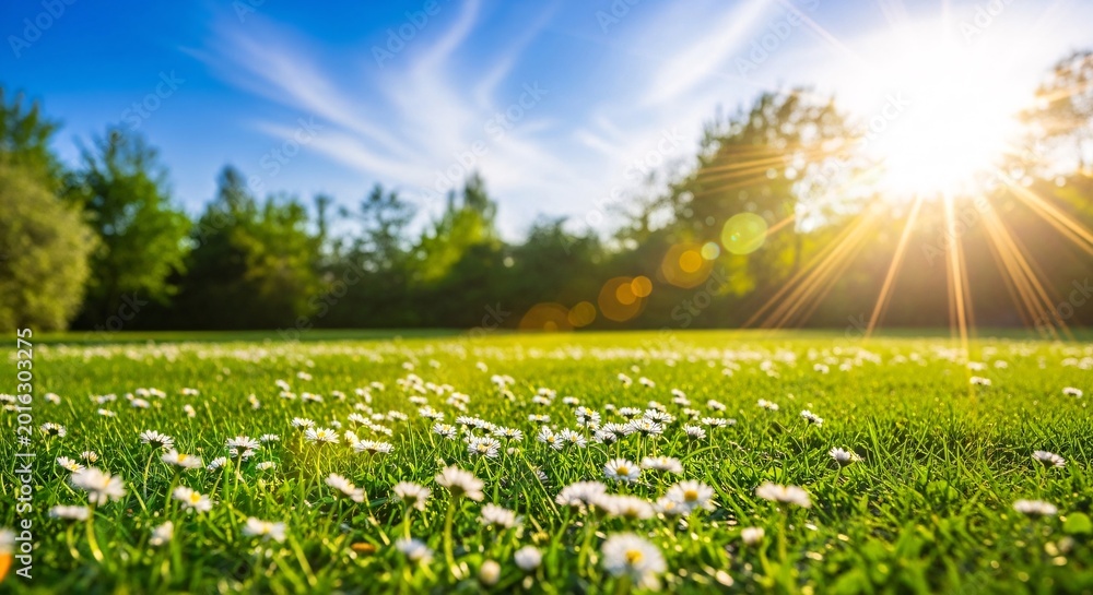 Fototapeta premium Sunny meadow with daisies and bright blue sky.