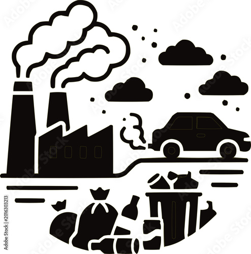 Bilde på lerret Factory pollution and car emissions contribute to environmental degradation as waste piles up in this stark monochromatic illustration