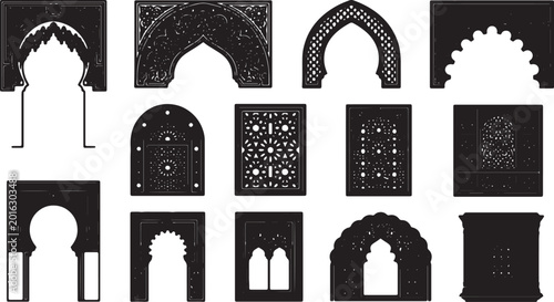 Schilderij op canvas Islamic architecture motifs set featuring various traditional middle eastern arch types and decorative mashrabiya lattice window patterns in black vector style