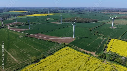 Aerial View of New Albion Wind Farm with Turbines Spinning in Bright Yellow Rapeseed Fields Near Corby UK
